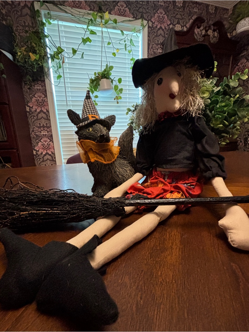 Hand Crafted Folk Art Witch Doll with Broom and Black Cat